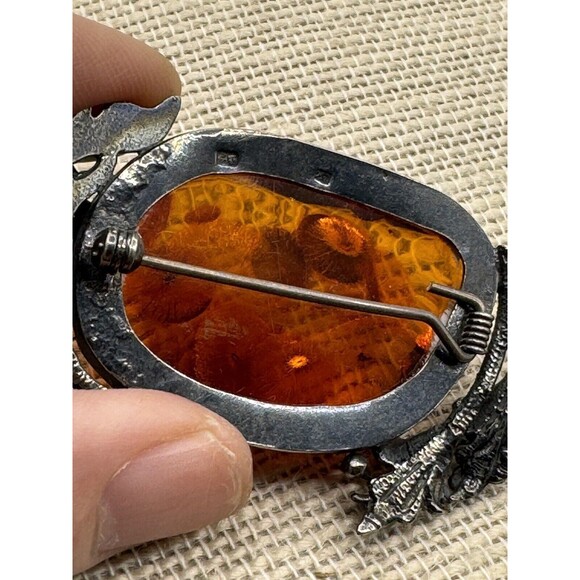 Vintage Sterling Silver Lily Flowers Surrounding Baltic Amber Brooch Pin Signed - Picture 9 of 12